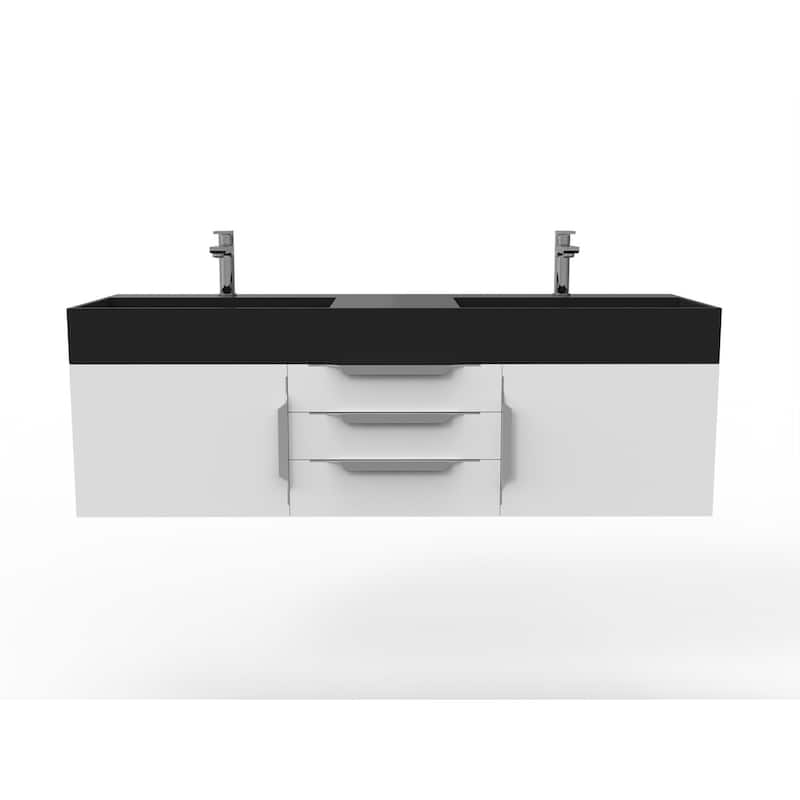 Amazon 60" Wall Mounted Bathroom Vanity Set w/ Black Top - White - Brushed Nickel Finish