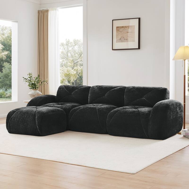 L-shaped Soft Velvet Fabric, Boneless Sofa, Tufted Design, Ergonomic Design Bottom, 32D High Density Sponge