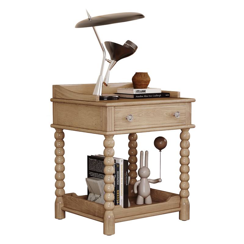 Natural Nightstand Bedroom Bedside Table Simple Side Table, Wood Coffee Table End Table with Drawer and Open Shelf