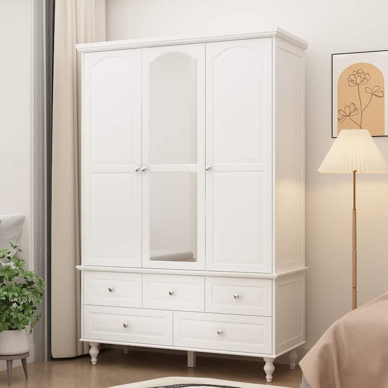 47.2" Lacquered Armoires Wardrobes With Mirror Door 5 Drawer in White