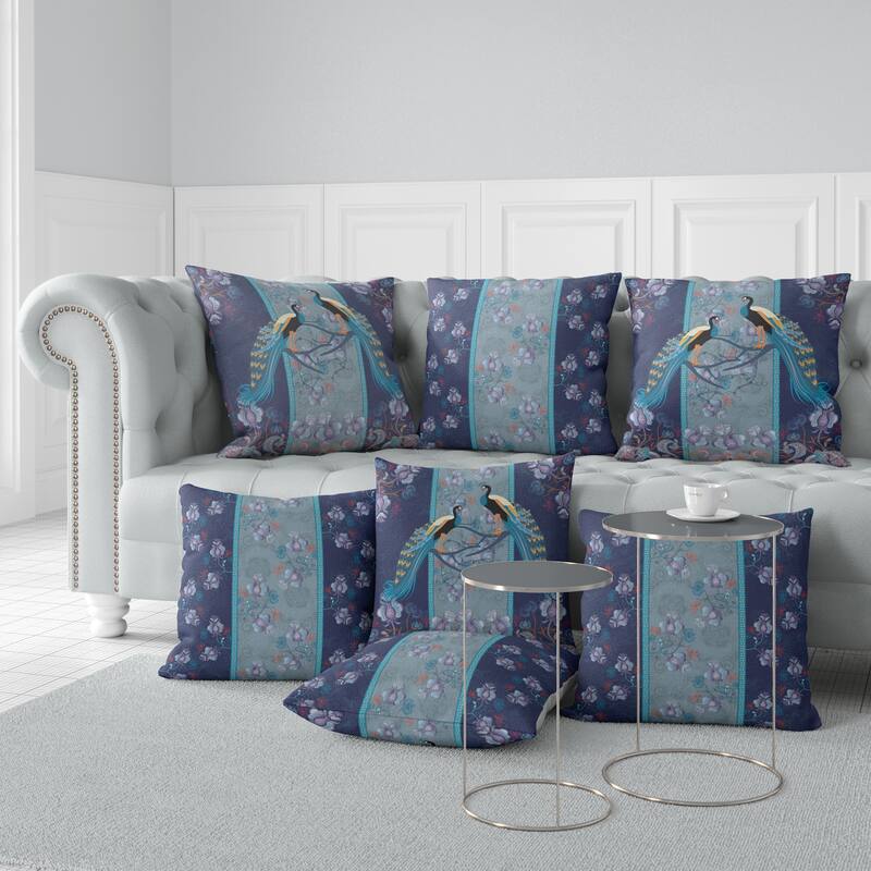 Enchanted Peacock Indoor/Outdoor Throw Pillow Cover in Indigo 16x16