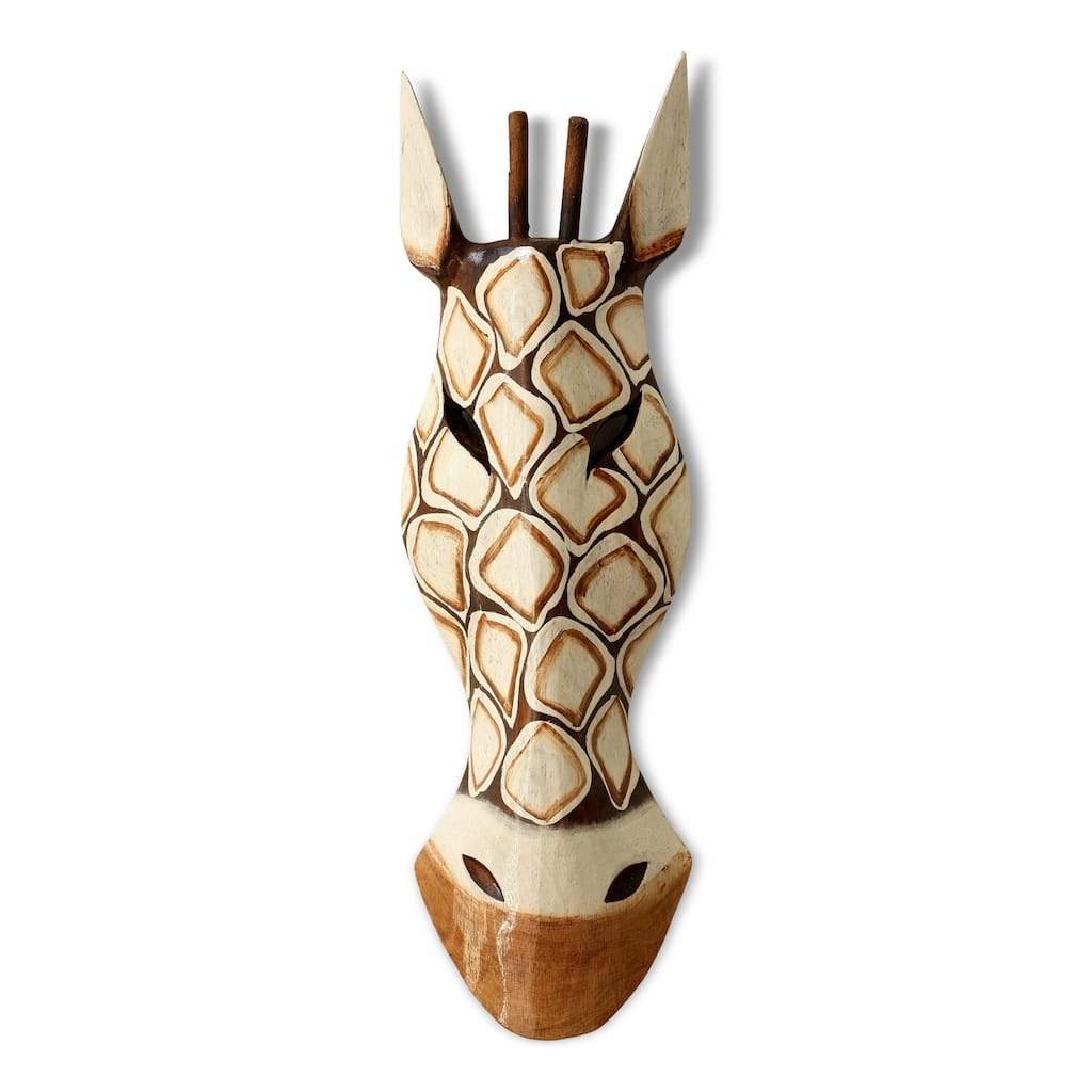 20" African Wooden Tribal Giraffe Mask Hand Carved Wall Plaque Hanging Home Decor Sculpture Handmade Handcrafted Square Motif