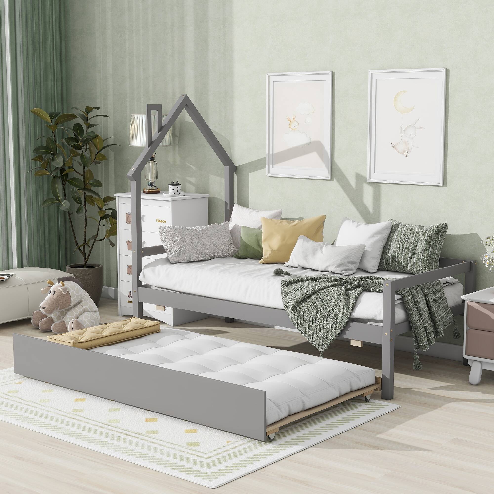 Twin Wooden Daybed with trundle, Twin HouseShaped Headboard bed with