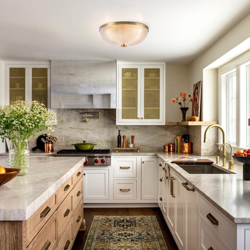 3-Light Industrial Gold Semi Flush Mount Lights with Grid Textured Glass - Brass