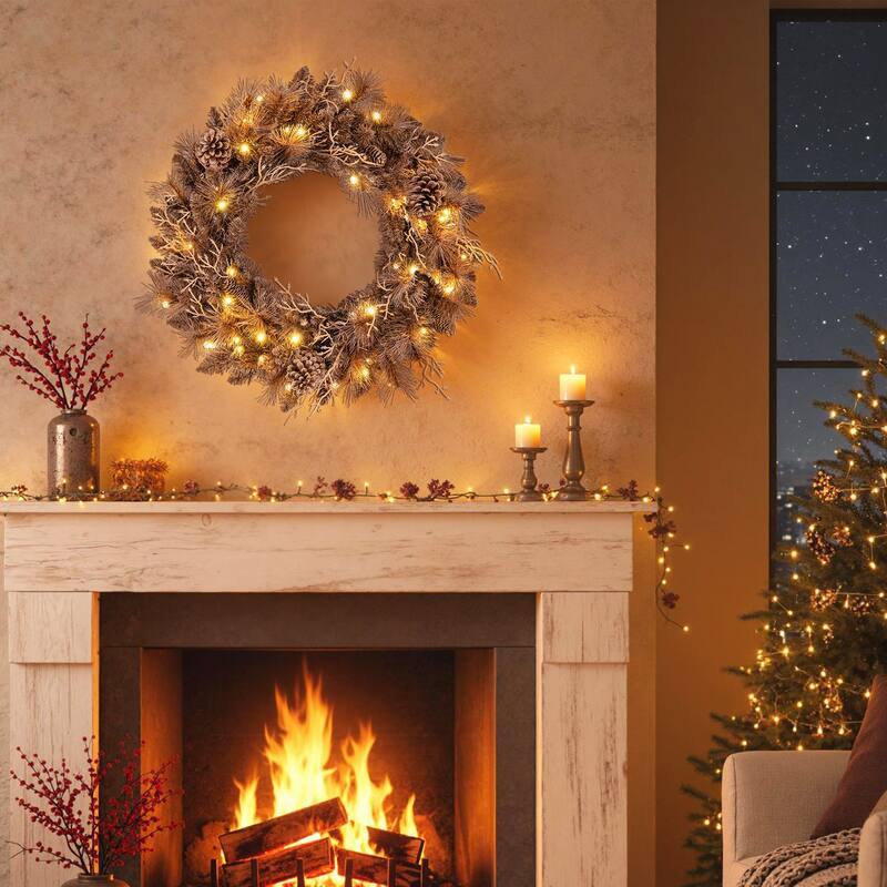 Costway 1/2 PCS 24" Pre-lit Christmas Wreath Front Door Artificial