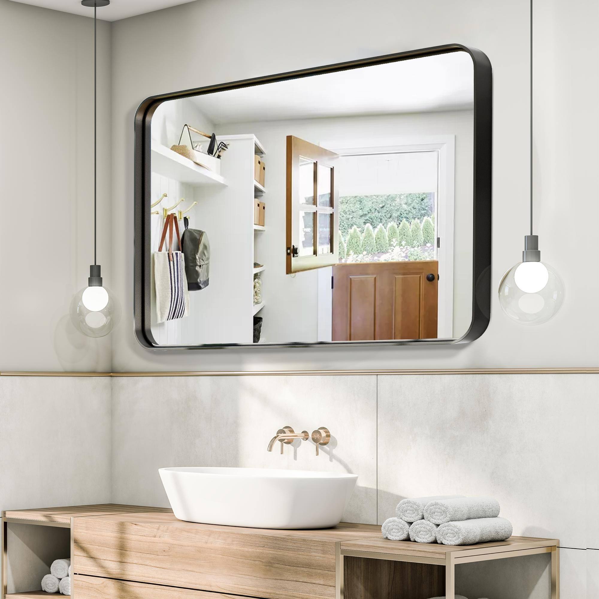 Morden Right Angle Rectangle Alloy Aluminium Framed Wall-Mounted Bathroom Miiror Vanity Mirror - Black - N/A