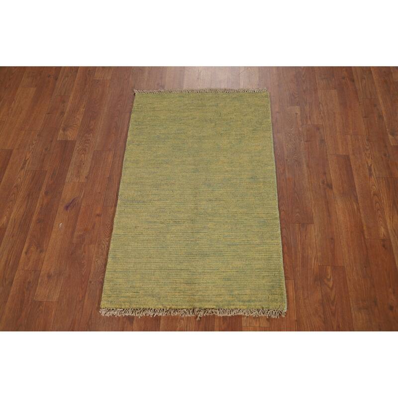 Yellow & Green Contemporary Gabbeh Foyer Rug Hand-Knotted Wool Carpet - 1'10"x 3'1"