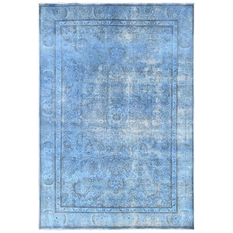 Shahbanu Rugs Blue Vintage Overdyed Persian Tabriz with Medallion Design Distressed Worn Wool Hand Knotted Rug (6'1" x 9'1")