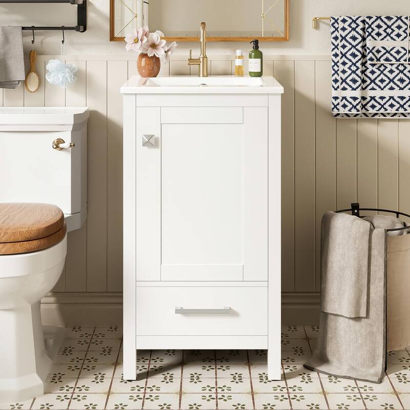 Modern Bathroom Vanity with Ceramic Sink - Soft-Close Drawers, Door Organizer, Divider Drawer - White - 18 inch Width