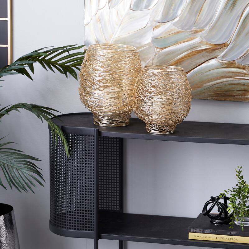 CosmoLiving by Cosmopolitan Gold Metal Tealight Decorative Indoor Outdoor Candle Lantern (Set of 2) - S/2 13", 10"H