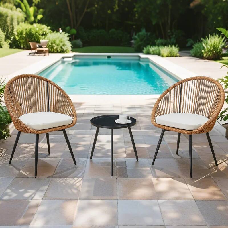 Roomfitters 3-Pcs Outdoor Furniture Set with Rattan Swivel Chairs and Round Coffee Table, Patio Seating, Natural