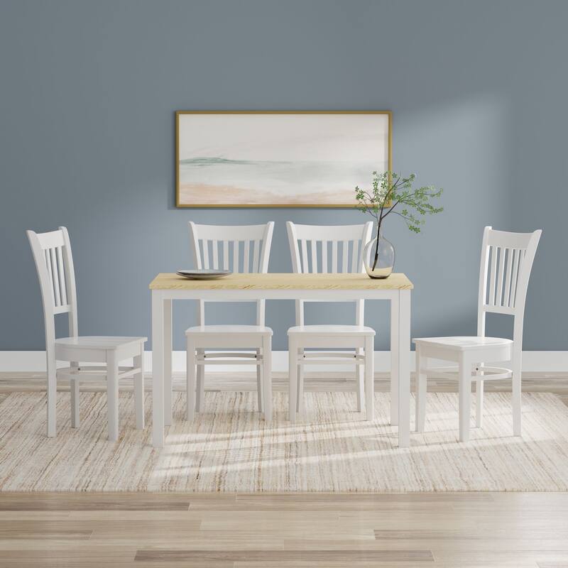 5-Piece Dining Set, 48" Rectangle Wood Table and Spindle Chairs - White/Natural Table + White Chairs