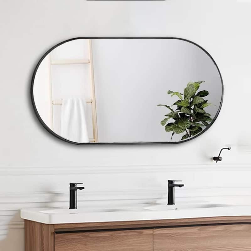 36 in. W x 18 in. H Oval Stainless Steel Framed Wall Bathroom Vanity Mirror - 36" x 18"