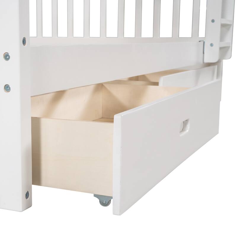 Full-Over-Full Bunk Bed with Ladders and Two Storage Drawers in White