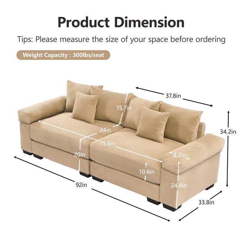 92" Oversized Corduroy Couch for Living Room, Upholstered Loveseat Sofa with Wide Armrests and Throw Pillows for Apartment