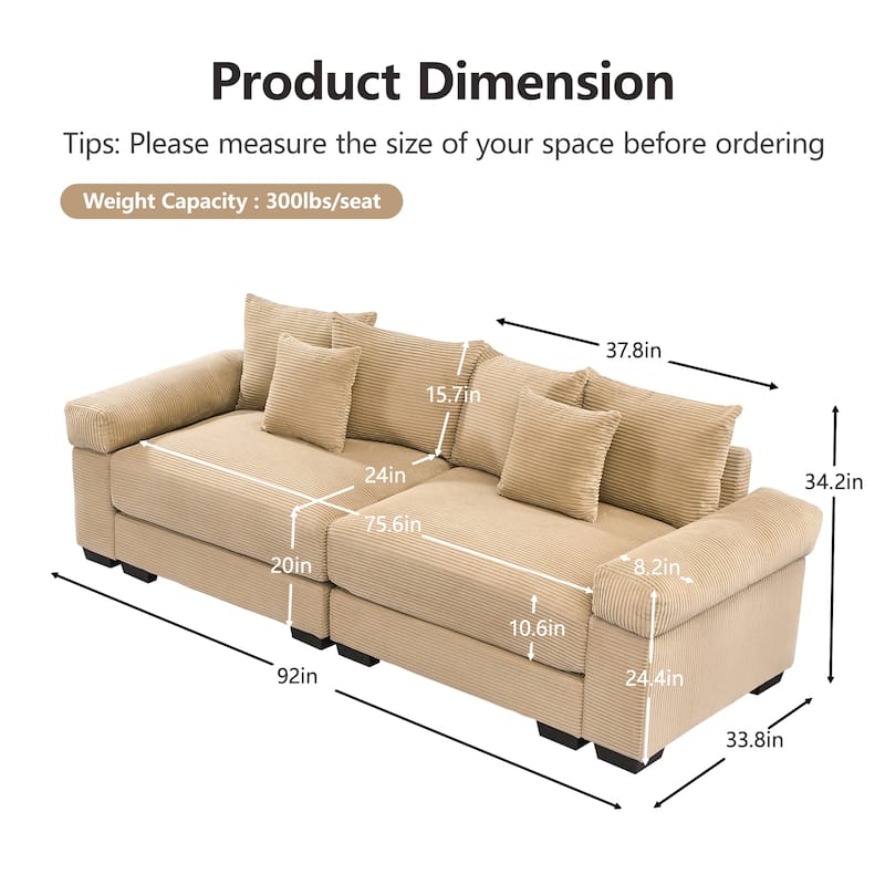 Roomfitters 92" Oversized Cloud Modular Sectional, Corduroy Deep Seat Sofa with Extra-Wide Armrests