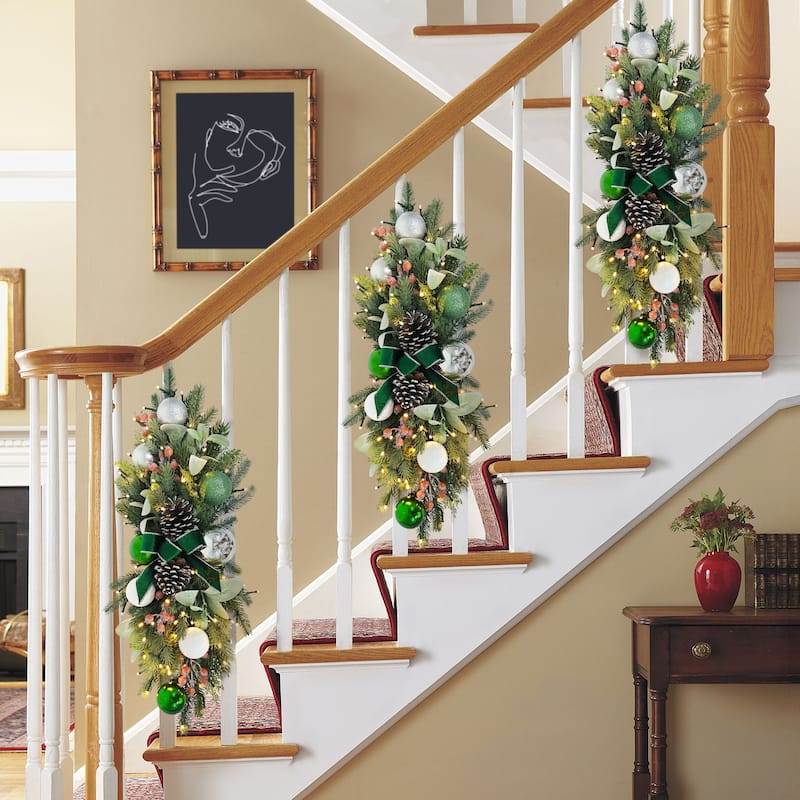Puleo International 28" Pre-Lit Battery-Operated Adorned Banister Swag