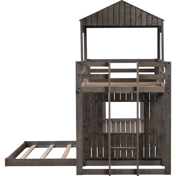 slide 2 of 12, Cabin Design Twin Over Full Bunk Bed,Solid Wood Bed with Ladder and Guardrails Antique Gray