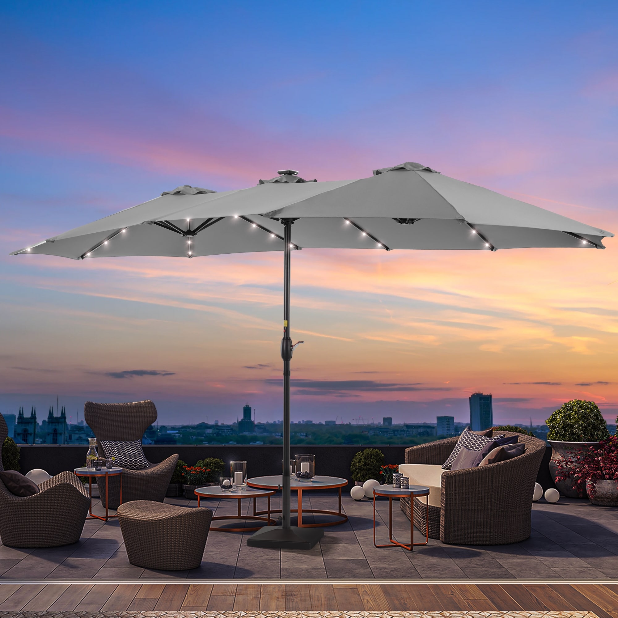LIVOOSUN 15×9FT LED Double-sided Patio Umbrella with UPF50+ and Handle, and Wind-Resistant Design——Experience Outdoor Comfort