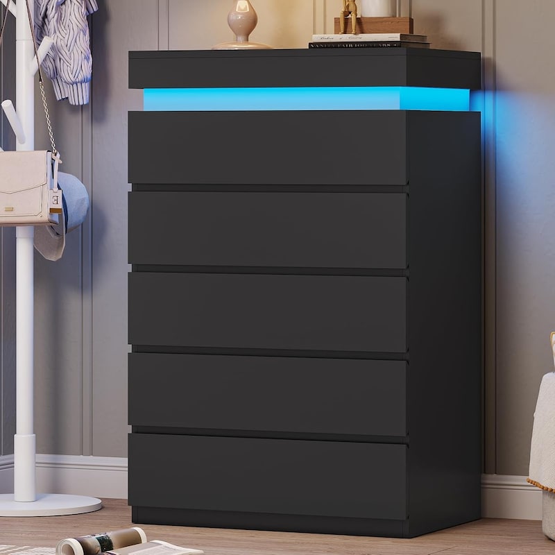 Bedroom Dresser Drawers with LED Light Power Outlet Chest of Drawer - 5 Drawers Black - 5-drawer