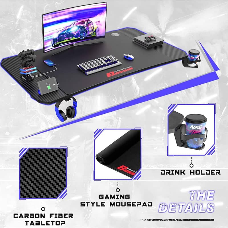 BOSSIN Ergonomic Gaming Desk Z-Shaped Office PC Computer Desk Gamer Tables with Cup Holder and Headphone Hook