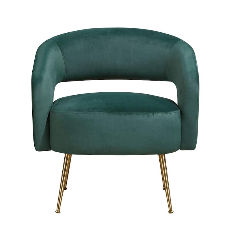 Noel Accent Chair, Curved Open Back, Dark Green Velvet, Gold Metal Legs