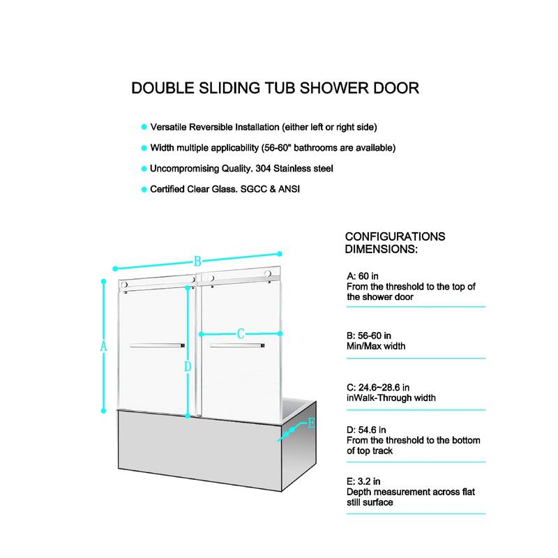 60x60 Frameless Bathtub Sliding Shower Door, 8mm Tempered Glass, Matte Black, Stainless Rollers, 4 in Adjustable