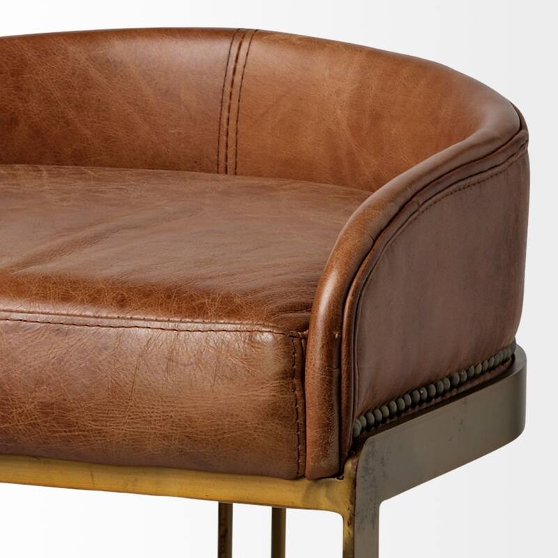 Brown Leather Gold Metal Bar Stool with Footrest, Low Back and 29 inches Seat Height - 20.5” x 19.75” x 32.75” (D x W x H)