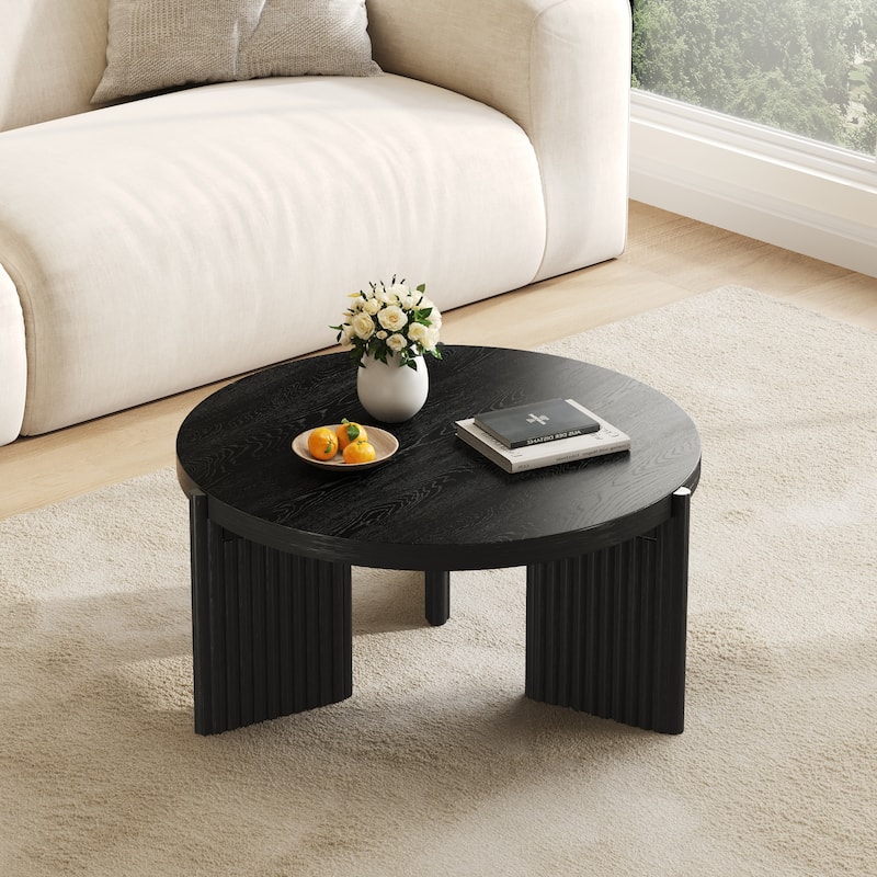 JASIWAY Black Wood Round Coffee Table with Fluted Legs