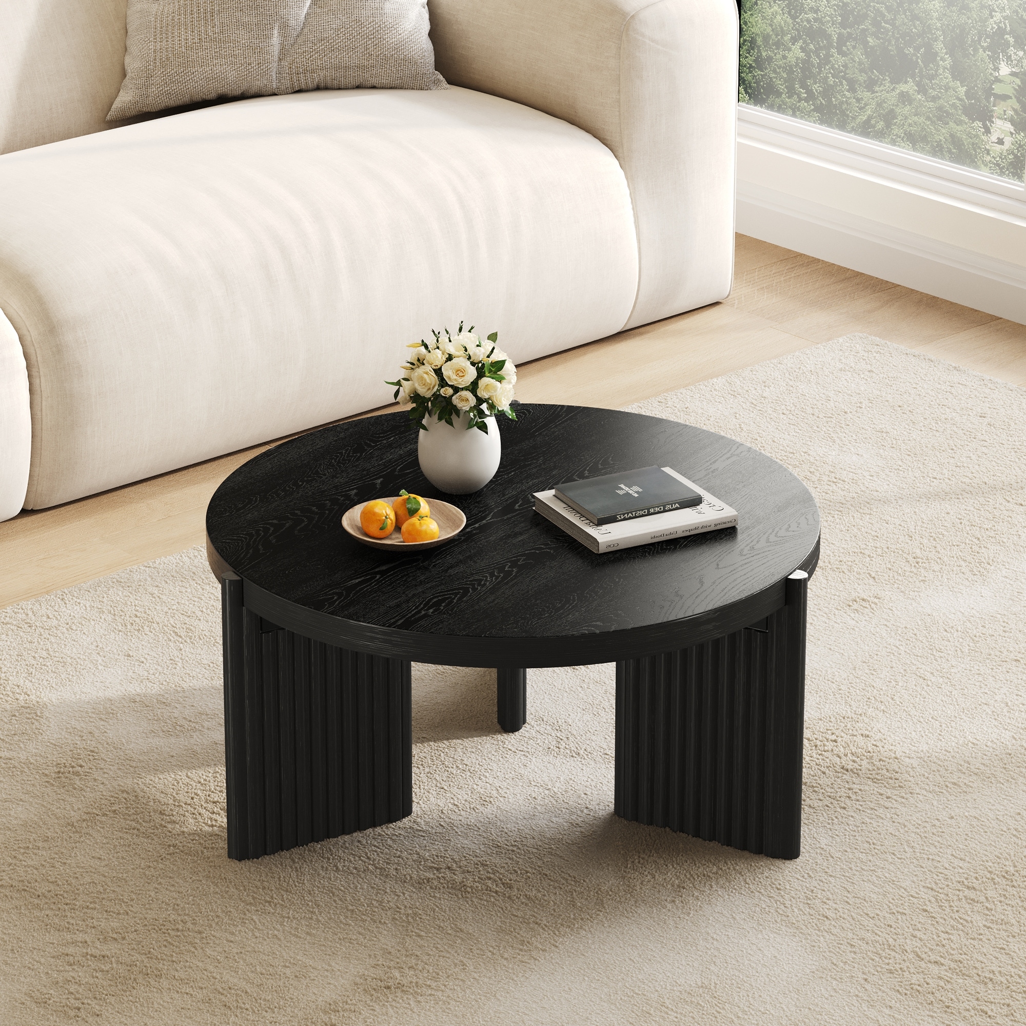 JASIWAY Black Wood Round Coffee Table with Fluted Legs