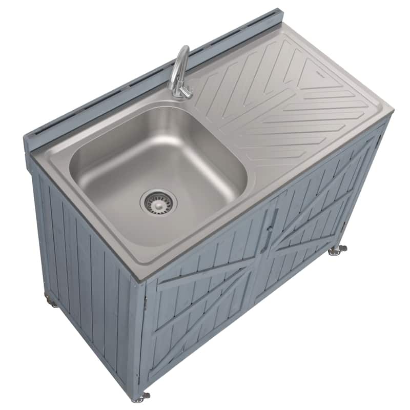 39.4" Rolling Outdoor Kitchen Island with 304 Stainless Steel Sink, Faucet & Cabinet for Pizza Prep