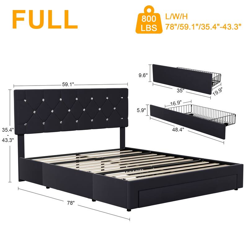 VECELO Bed Frame with Storage Drawers, Leather Upholstered with Diamond Tufted Headboard, Solid Wood Slat Support
