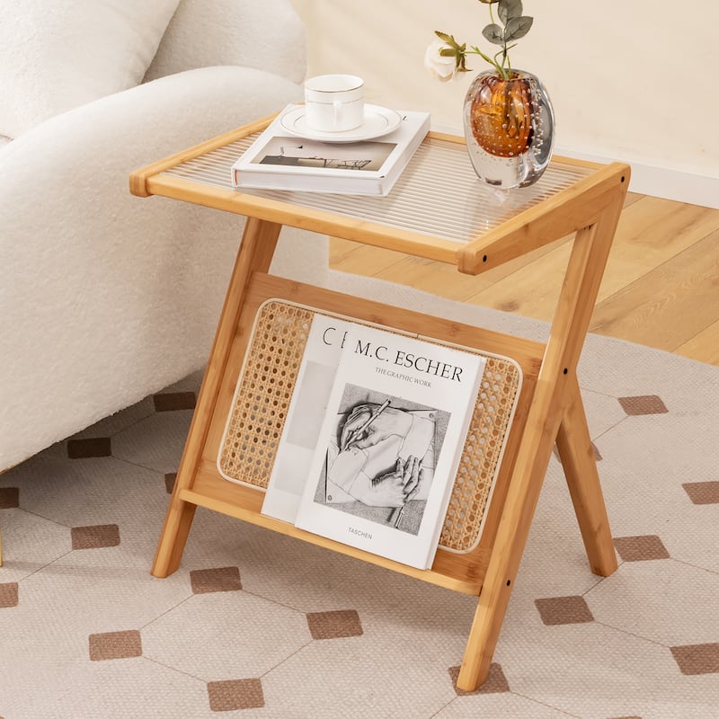 Gymax 2 Pieces Boho End Table with Magazine Rack Versatile Bamboo