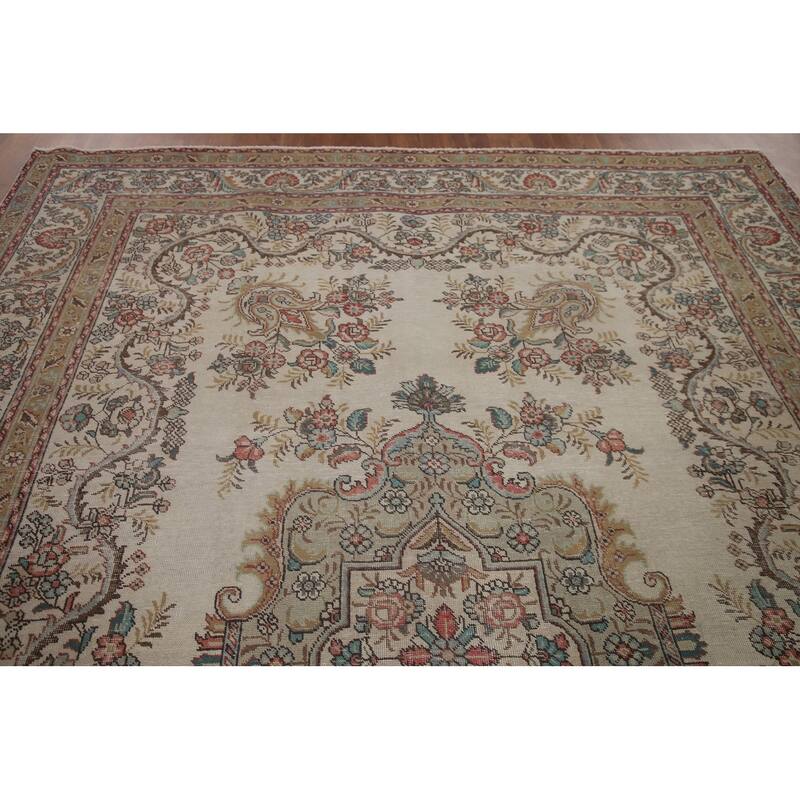 Hand Knotted Oriental 100% Wool Carpet Traditional Medallion Beige & Ivories Tabriz Area Rug - 11' 7'' X 8' 3''