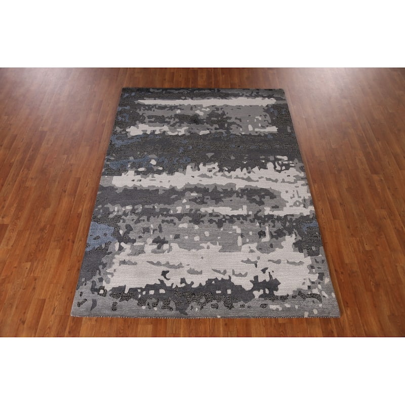 Abstract Modern Indian Area Rug Grey Handmade Wool Carpet - 5'3" x 7'7"