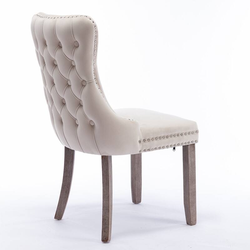 Modern Velvet Upholstered Wing-Back Dining Chair with Nailhead Trim/Solid Wood Legs-Set of 2-Beige