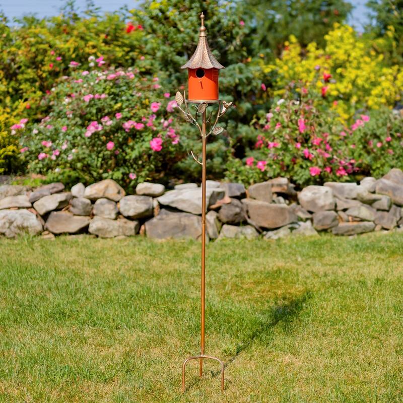 69.25" Tall Iron & Orange Porcelain Birdhouse Stake "Amsterdam" - 9.5" L x 8" W x 69.25" H