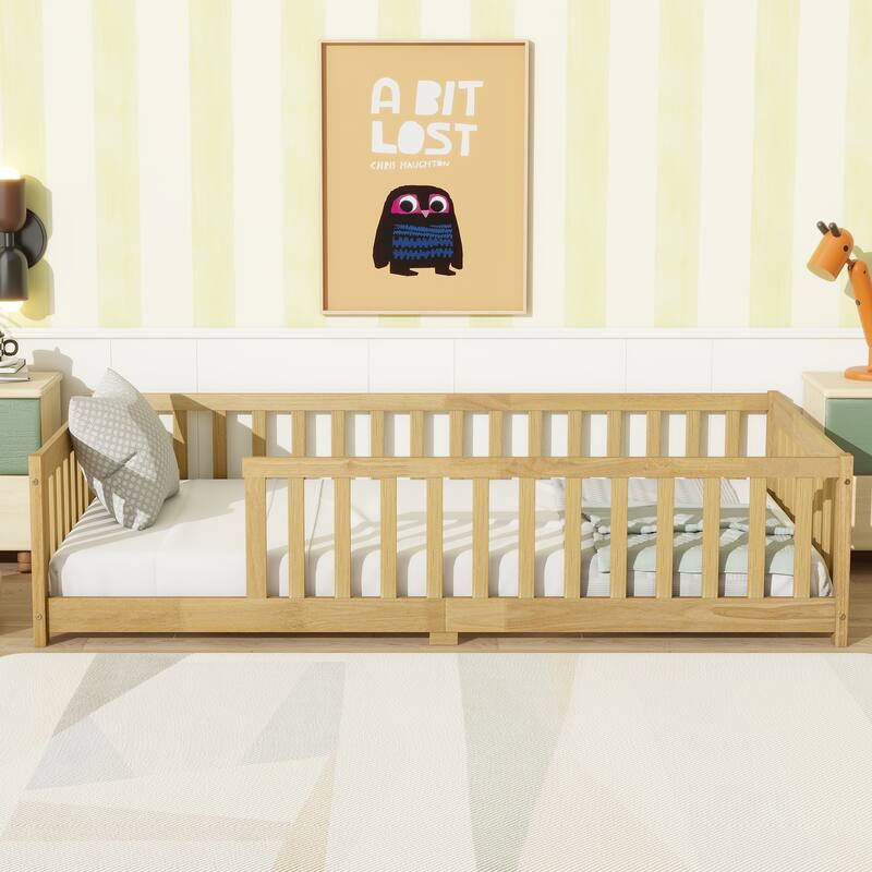 Floor Bed with Fence for Kids,a Safe and Engaging Space for Sleep and Play - Natural