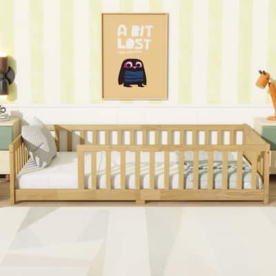 Twin Size Floor Bed with Fence without Door, Rubber Wood Floor Bed with Safety Guardrails,Natural