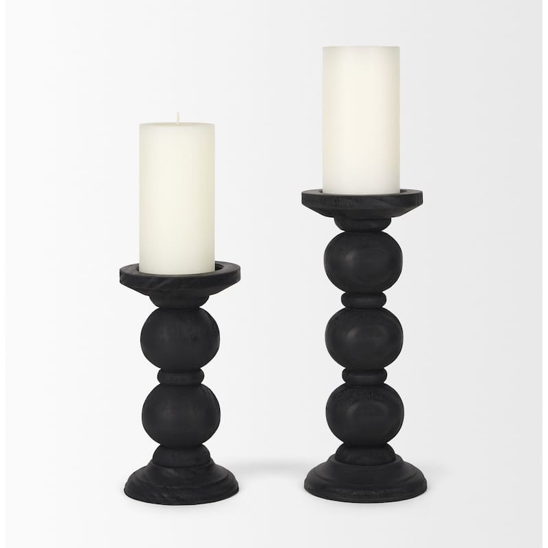 Wanda Matte Black Wood Pillar Candle Holders (Set of 2) - 4.8L x 4.8W x 11.5H