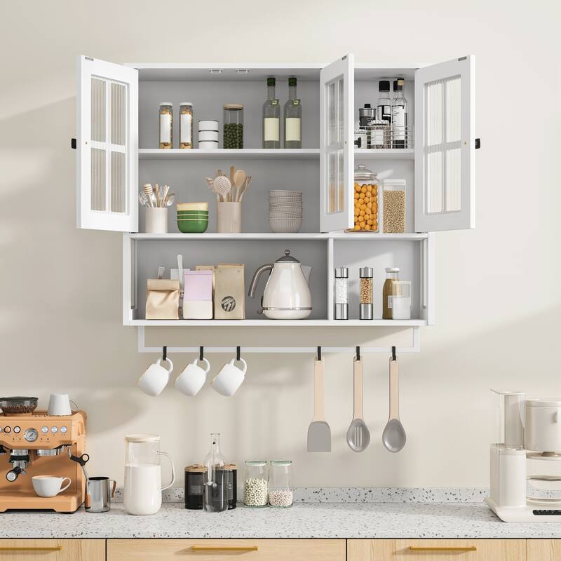 Bathroom Wall Cabinet, 3-Door Wooden Wall Cabinet with Open and Hidden Storage Space, Medicine Cabinet with Glass Door