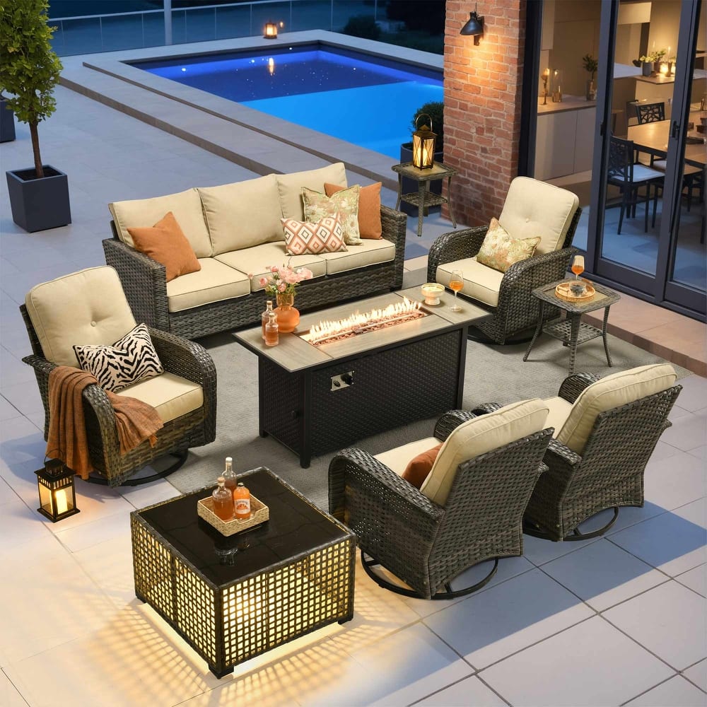 OVIOS 9 Piece Outdoor Wicker Sofa Swivel Chair Set with 54" Fire Table