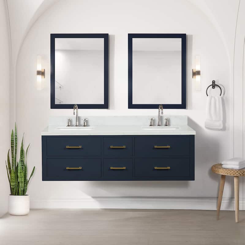 Castor 60 in W x 22 in D Black Double Bath Vanity, White Quartz Top, and 28 in Mirrors