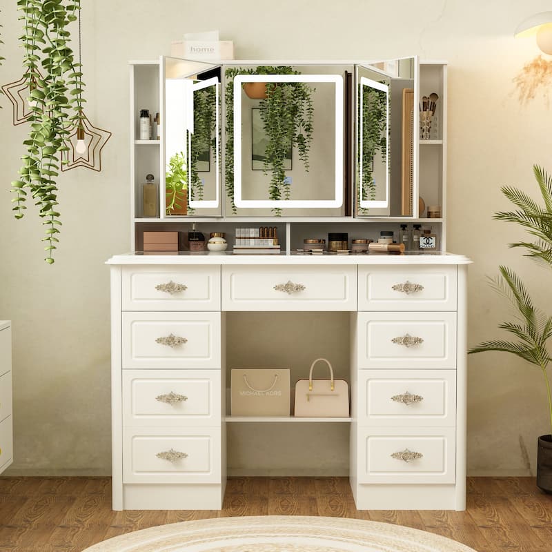 43.3"W Makeup Vanity White Vanity Desk with Hidden Storage Shelves