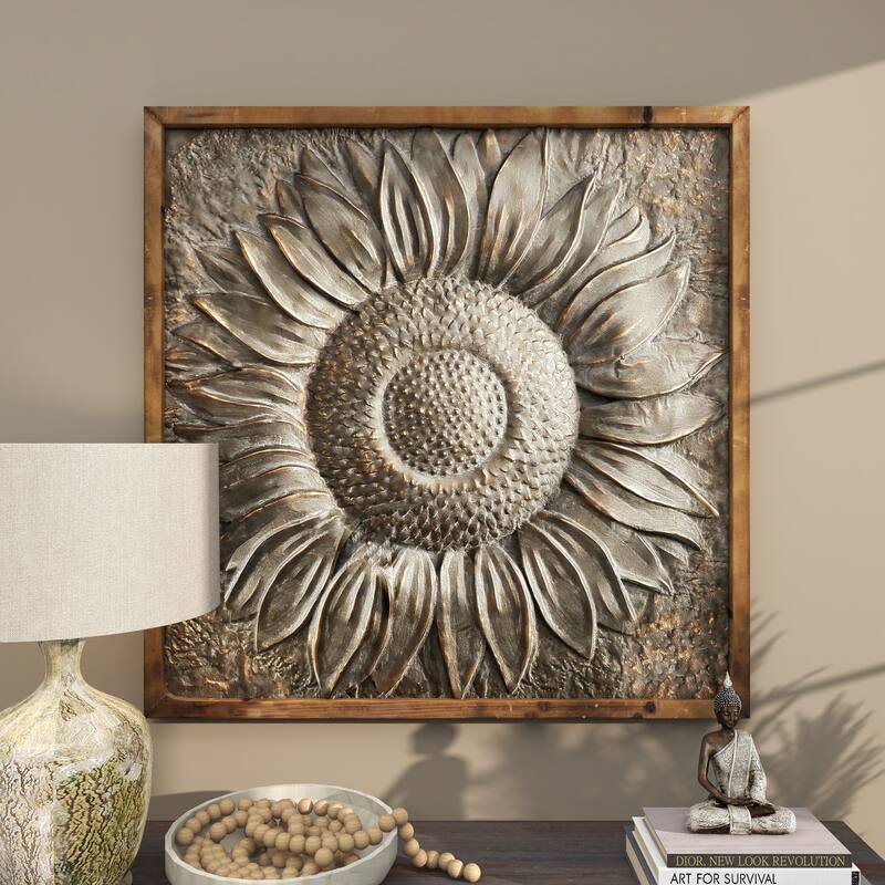 Gray Metal Sunflower Floral Home Wall Decor with Embossed Details