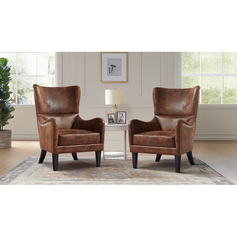 2-Piece Wingback Accent Chair Set, Upholstered High-Back Lounge Chairs with Wooden Legs, Armchair for Living Room