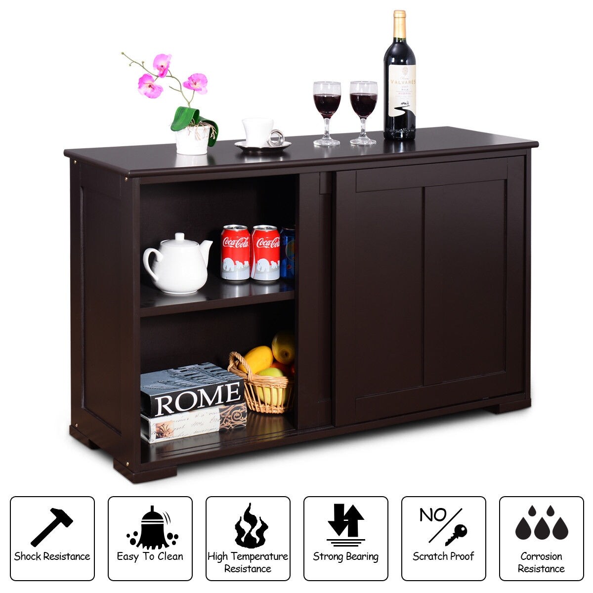 Costway storage cabinet sideboard buffet cupboard glass sliding door pantry kitchen sale