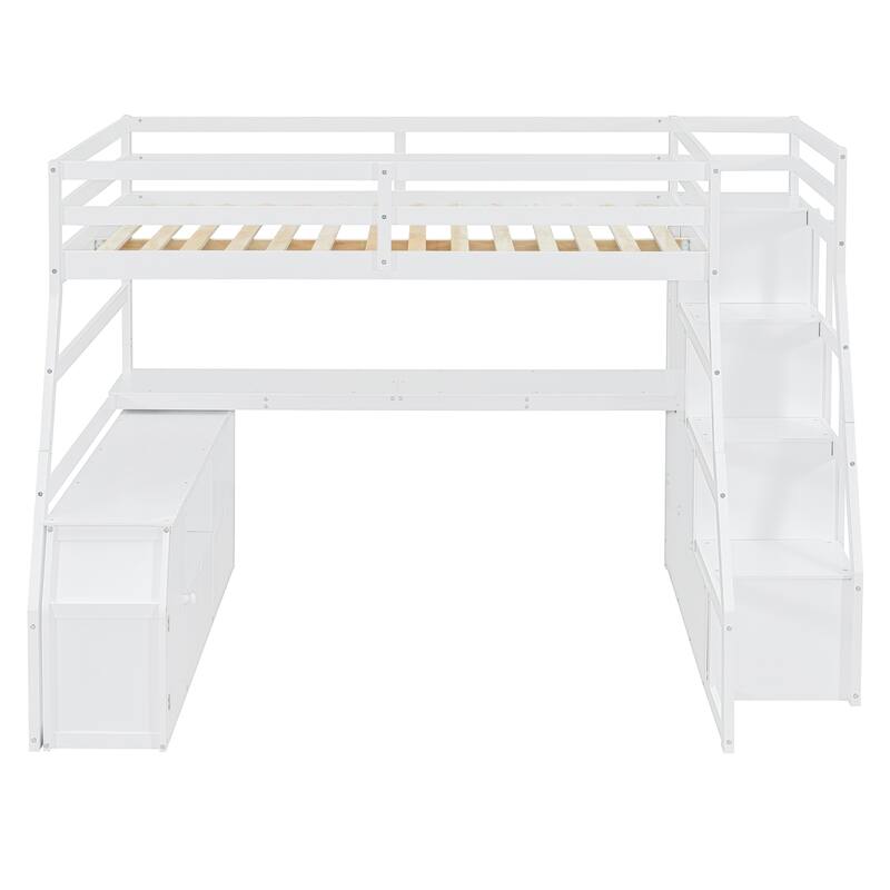 Full Size Loft Bed with 7 Drawers, 2 Shelves & Study Desk - White/Espresso/Gray