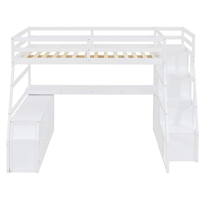 White Full Size Wood Loft Bed with 7 Drawers 2 Shelves, Ladder and Desk for Kids, Bedroom