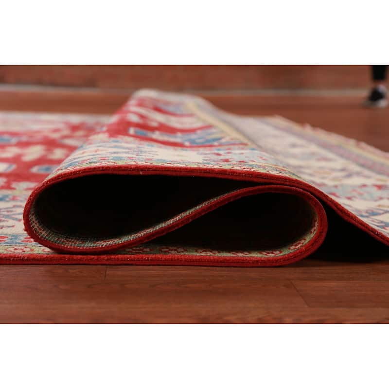 Hand Knotted Oriental 100% Wool Carpet Traditional Geometric Red Kazak Area Rug - 9' 8'' X 7' 11''